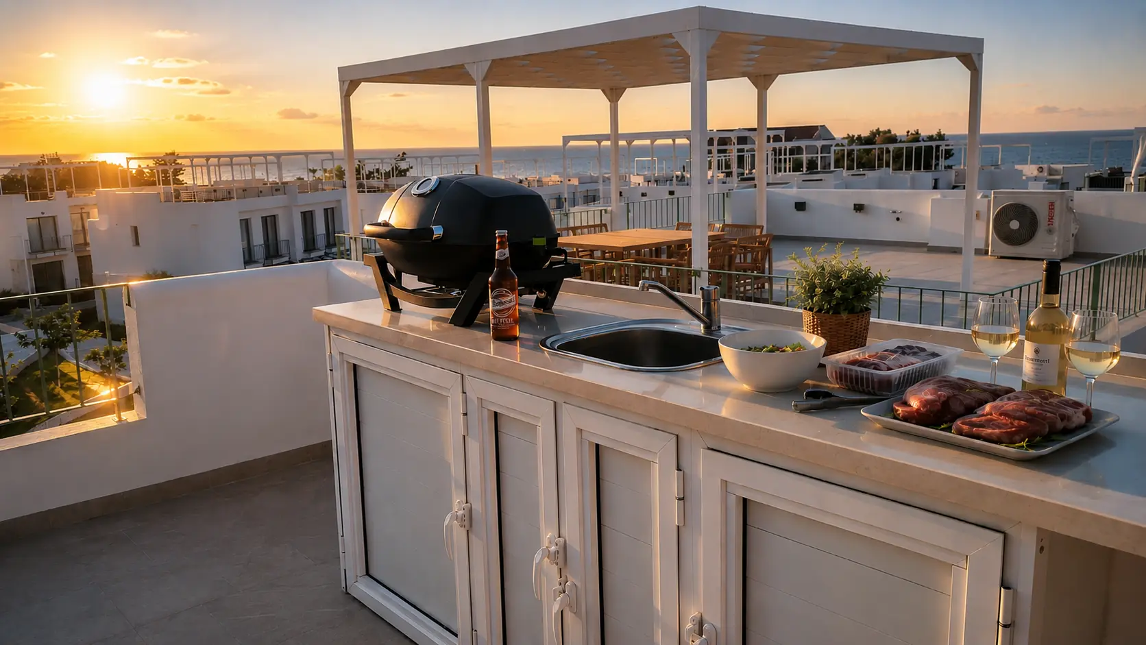 Outdoor kitchen and grill on the Skyview rooftop